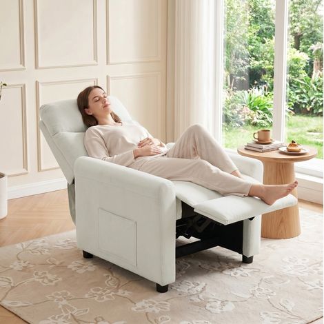 Poltrona relax reclinabile 145° in poliestere con tasche laterali, bianco crema DESVIAE (1/5)
