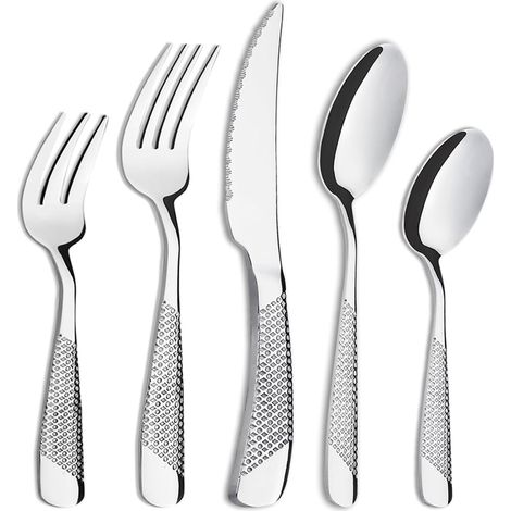 Set de couverts 30 pièces, en acier inoxydable pour 6 personnes (6 fourchettes de table, 6 couteaux, 6 cuillères, 6 petite cuillère, 6 fourchettes à gâteau), manches motif étoile et diamant (1/5)