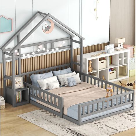 Cama infantil casa 140x200 con mesita y barrera gris OKMYHOME (1/5)