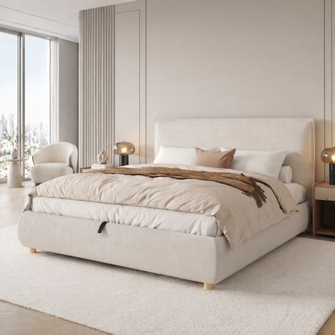 Lit double 180x200 cm en velours beige, coffre hydraulique gain de place, sans matelas – MEUBLIV (1/5)