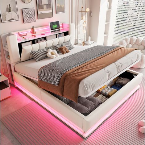 Letto 180x200 cm in velluto beige con LED e vano, per spazi piccoli, senza materasso – MEUBLIV (1/5)