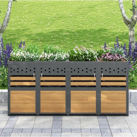 Box per bidoni rifiuti a 4 posti con tetto piantabile, porta effetto legno, metallo grigio (1/5)