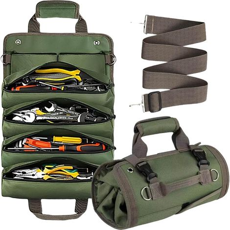 Sac à outils enroulable, organiseur vide et robuste avec 2 petites pochettes, sac à outils de transport enroulable pour papa, homme, mécanicien, cadeau d'anniversaire (vert) (1/4)