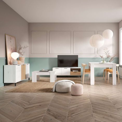 Pack de Muebles de Salón Tokio Estilo Nórdico en Color Blanco Albo y Roble Rayado (Aparador, Mesa de Comedor, Mesa de Centro y Mueble de TV) (1/5)