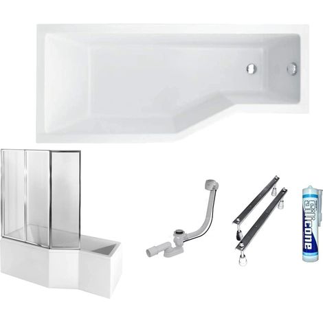 ECOLAM Baignoire d'angle en acrylique Integra 150x75 cm gauche, blanc, habillage en acrylique, paroi en verre, siphon et silicone (1/5)