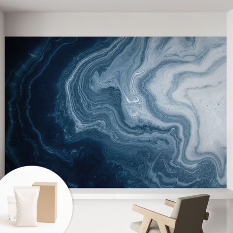 Papier peint intissé mural avec colle pour salon et chambre Décoration murale rapide - Colle incluse gratuite Vagues bleues 152x104 cm (1/5)