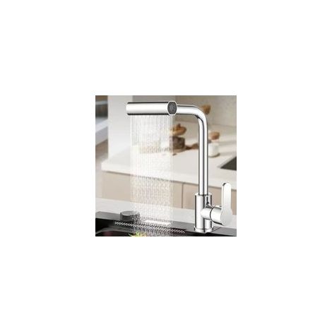 Robinet de cuisine pivotant 360° avec cascade, flexible et détachable, 4 modes de jet (jet pluie, aérateur, pulvérisation, flux continu), eau chaude et froide, finition argentée (1/5)