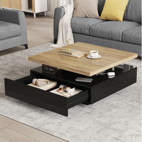 Table basse en panneau de particules 70x70x36 cm noyer/noir brillant pivotante 360° (1/5)
