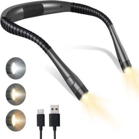 Lampe de lecture rechargeable à porter autour du cou, lampe de lecture pour le lit, 3 couleurs, 3 niveaux de luminosité, bras pliables, longue autonomie, idéale pour lire, tricoter, réparer.