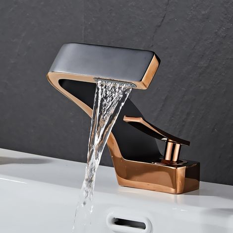 Robinet mitigeur de salle de bain - Robinet en cuivre pour lavabo d'hôtel - Noyau de valve en céramique - Montage monotrou - Design d'économie d'eau (noir + or rose) (1/5)