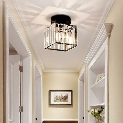 Plafonnier moderne en cristal pour entrée, mini lustre en cristal E27, lampe de plafond LED carrée (noir) (1/5)