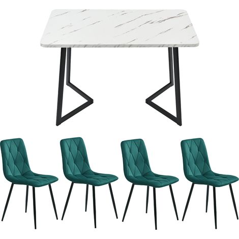 Ensemble repas, table à manger rectangulaire 117×68 cm avec 4 chaises, ensemble de table de cuisine moderne, chaise de salle à manger en velours sergé vert foncé, pieds de table noirs (1/5)