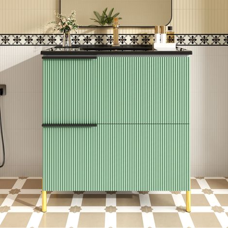 Badezimmer Waschtischunterschrank mit Keramik Waschbecken, Einzelwaschtisch mit Schubladen aus MDF, Stehendes Bad-Schrankorganizer mit Becken, Grün