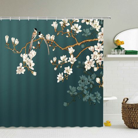Rideau de douche vert anti-moisissure, imperméable, à motifs d'oiseaux et de fleurs, avec crochets, 180 x 180 cm - Style 16 2025