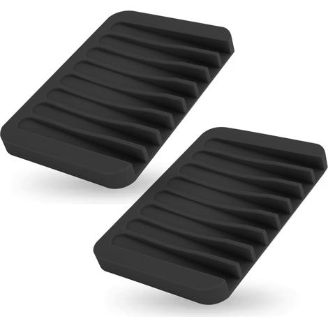 Zwei Silikon-Seifenschalen mit Abtropfschalen, eine Seifenschale für das Waschbecken und eine schwarze Seifenschale.