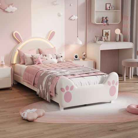 Lit pour Enfant Rembourré 90x200 cm, Lit Simple pour Fille avec LED,Cadre de Lit avec Oreilles de Lapin,Tête de lit Réglable,Sommier à Lattes,Velours