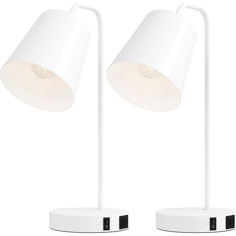 Set 2 Lampade da Tavolo Moderne con Porte USB Attacco E27 in Acciaio Bianco (1/5)