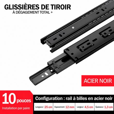 Coulisse de tiroir télescopique 3 sections en acier noir silencieux épaissi 10 pouces 25 cm 10 25cm réf 8822 25 × 1 × 1 cm 590 g – Livraison gratuite