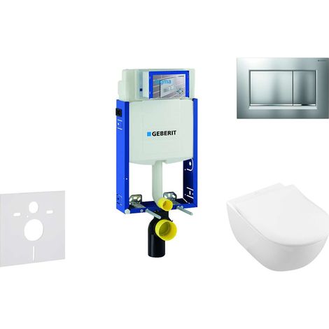 Geberit Combifix - Modulo di installazione WC sospeso con placca Sigma20, cromo opaco/cromo + Villeroy Boch - WC e sedile, DirectFlush, SoftClose, CeramicPlus 110.302.00.5 NI7