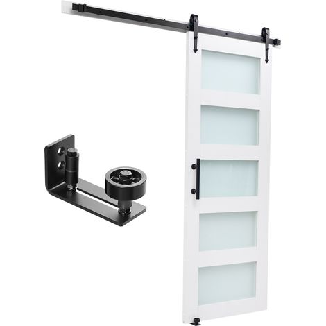 Mophorn Puerta corrediza de granero, panel de MDF y vidrio de 813 x 2134 mm con kit de herrajes, superficie de PVC resistente al agua y marco en H, deslizamiento fluido ideal para sala de estar y baño