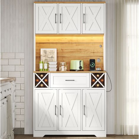 Vaisselier de cuisine avec LED, range-bouteilles et prise, MDF, blanc et naturel HAVRYA (1/5)