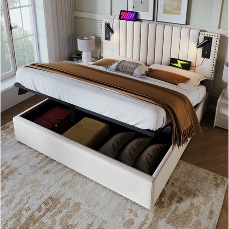 MEUBLIV Lit coffre 160 x 200 avec tête de lit réglable, éclairage de lecture, ports USB C, structure en coton beige, style vintage (1/5)