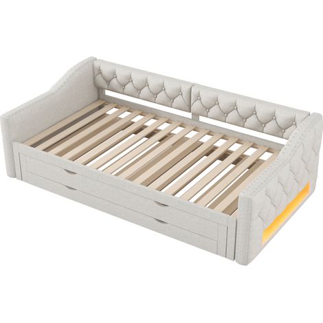 Cama nido tapizada 90x200 cm beige con iluminación LED y 3 cajones (1/5)