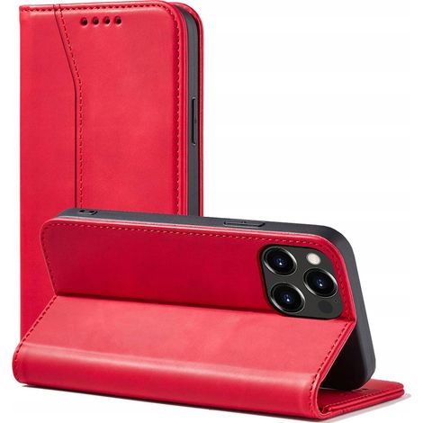 Funda magnética elegante para iPhone 14 Pro con tapa tipo cartera y soporte, color rojo. (1/5)