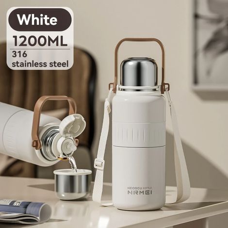 (Blanc, 1200 ml) Bouteille d'eau isotherme en acier inoxydable avec poignée et paille, isolée sous vide, convient à l'eau chaude et froide. (1/5)