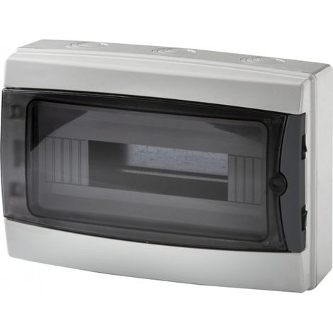 centralino da parete 12 moduli con portello fumé, grigio RAL 7035, 280x220x100 mm, IP65, ideale per installazioni elettriche interne ed esterne