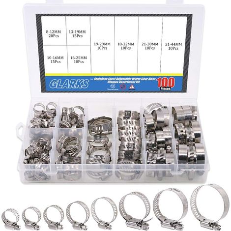 100 colliers de serrage réglables en acier inoxydable 304, diamètre 8 à 44 mm, pour tuyaux, plomberie, automobile et mécanique (1/5)