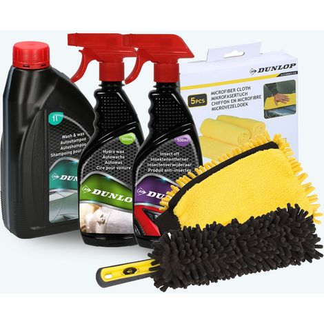Dunlop Pack Nettoyage Voiture - Shampoing 1L + Cire Hydro Wax 500ml + Anti Insectes 500ml + Brosse + Gant 2en1 + 5 Microfibres 4 (1/5)