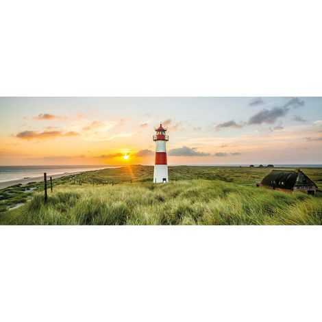 Tableau paysage champ avec phare rouge et blanc | Tableau sur toile nature pour salon et chambre | Tableau coucher de soleil - 1,0 x 0,4 m (1/2)