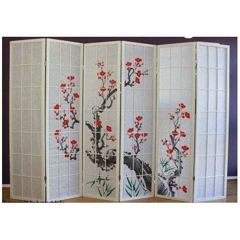 Décoshop26 – Paravent japonais 6 panneaux en bois blanc 264x175 cm – Motif cerisier – Charnières double-sens – PAR06019 (1/3)