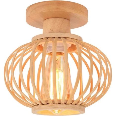 Plafonnier Vintage en Bambou,Lampe de Plafond Bois Rétro Ø20cm Abat-jour Design Lanterne Lustre Boho pour Salon Chambre (1/5)