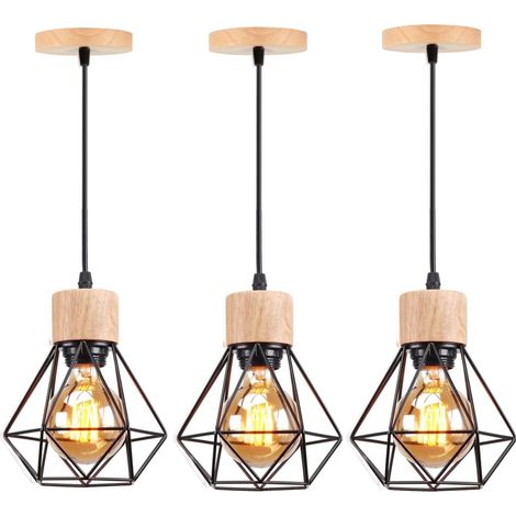E27 Lampes Suspension Industrielle Vintage Lustre Suspension en Métal Cage et Bois Ø15,5CM Noir - 3Pcs