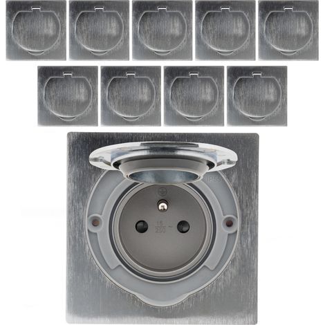Zenitech – Lot de 10 prises de sol 16A 2P+T IP55 – Finition alu brossé – Clapet de protection aimanté – Boîte d'installation incluse (1/2)