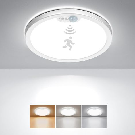 Plafonnier Led Detecteur de Mouvement, 18W 1800LM Luminaire éclairage de Plafond Blanc Chaud/Neutre/Froid Escalier Salle de Bain Couloir Garage Exterieur Cuisine -22cm (1/5)