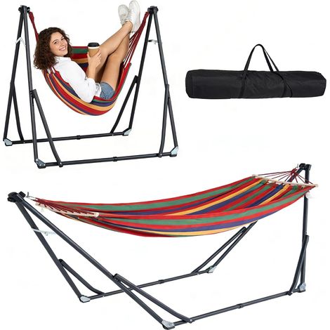Hamac 2 en 1 avec support, transformable en fauteuil suspendu, portable, charge maximale : 200 kg, réglable sur plusieurs positions avec sacs de transport, pour jardin, camping et terrasse (1/5)