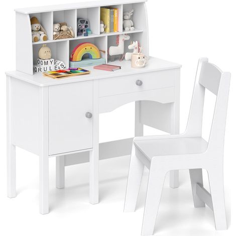 Scrivania in legno per bambini con sedia e 8 scomparti, tavolo da studio per bambini, dispositivo antiribaltamento, portata 50/75 kg, dai 3 anni in su (1/5)