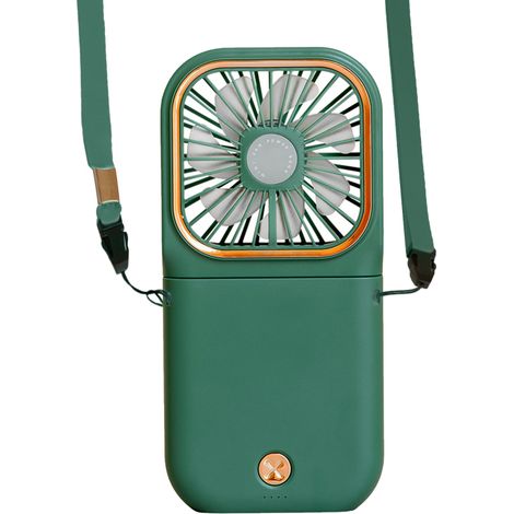 Mini ventilador portátil plegable colgante, recargable por USB, con soporte para teléfono, ideal para viajes y actividades al aire libre.