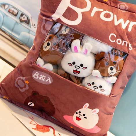 Vente en gros d'usine de coussins à goûter créatifs, célèbres sur Internet, lapins en peluche, jouets en peluche pour filles, poupées en tissu, styles ours brun et lapin Cony, 35-50 yuans. (1/5)