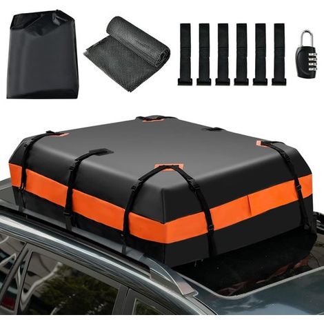 Box da tetto per auto da 450 litri, box da tetto impermeabile con serratura a combinazione, 6 ganci per le portiere, tappetino antiscivolo e borsa per il trasporto, box portabagagli pieghevole per vei (1/5)
