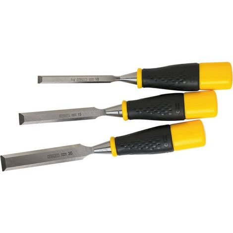 Stanley – Coffret de 3 ciseaux à bois 10-15-20mm – Lame en acier EN31 – Poignée bimatière ergonomique – Pour menuiserie précise