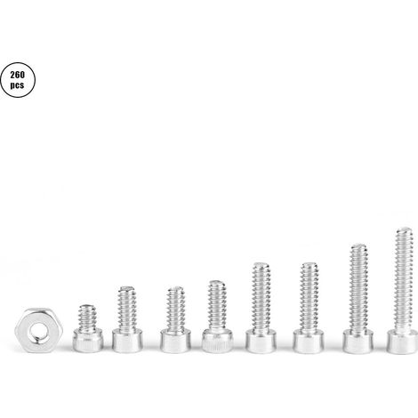 Assortiment de 260 vis et écrous à tête hexagonale creuse en acier inoxydable n° 6-32 (1/5)