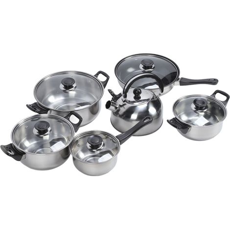 Ensemble d'ustensiles de cuisine, casseroles en acier inoxydable, comprenant une casserole, une marmite, une poêle antiadhésive, une bouilloire à thé, une poignée en plastique noire