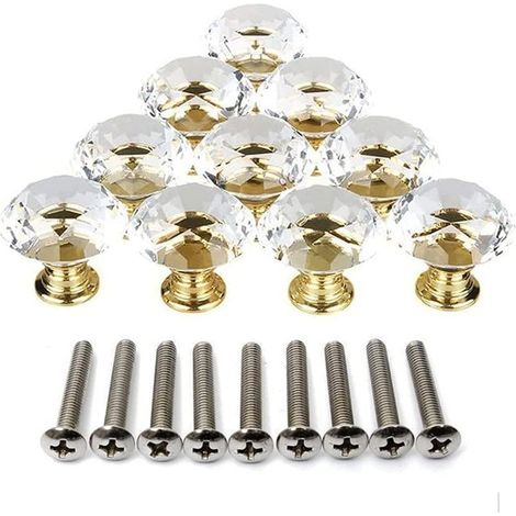 Un ensemble de 10 poignées de tiroir en forme de diamant- en verre transparent avec une base dorée- convenant aux armoires- coiffeuses- bibliothèques- etc. (1/5)