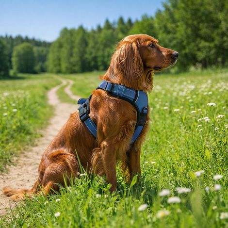 belviona Anti-Zug Hundegeschirr, gepolstertes Y-Geschirr für Hunde mit Kontrollgriff, reflektierend & verstellbar, Größe S, blau (1/5)