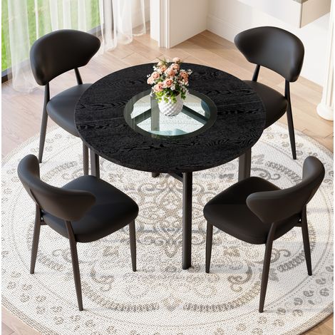 Conjunto de comedor MDF negro y cristal, mesa redonda Ø100 cm con 4 sillas de PU y patas metálicas negras (1/5)