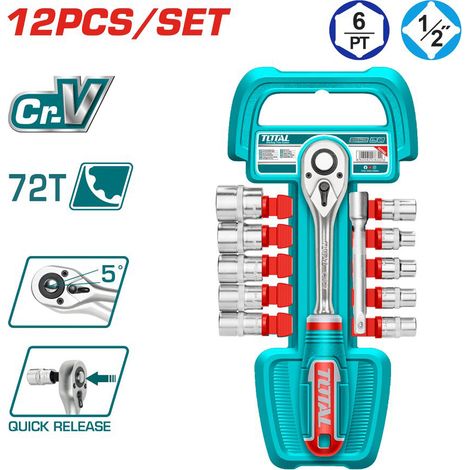SET 12PZ CHIAVE A CRICCHETTO 1/2" 72T + 10 BUSSOLE ESAGONALI + BARRA 125mm TOTAL